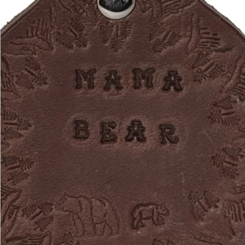 Handmade stamped Mama Bear nature brown 100% leather silver aluminum‎ keychain